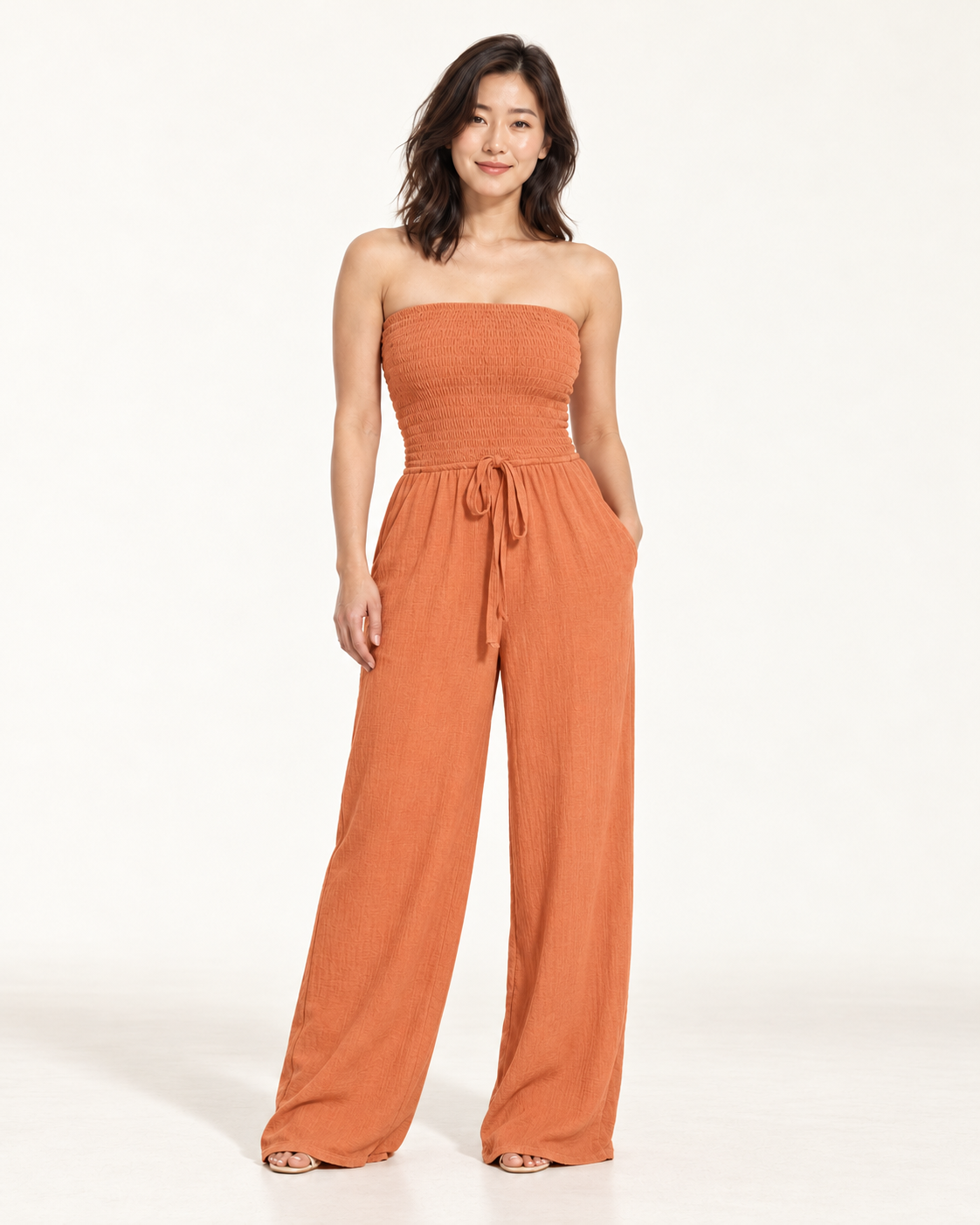 Women's Wide-Leg Tie-Waist Jumpsuit, orange, front view