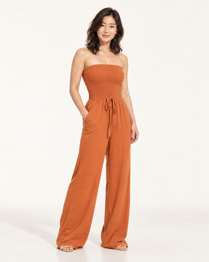 Women's Wide-Leg Tie-Waist Jumpsuit, orange, three quarter view