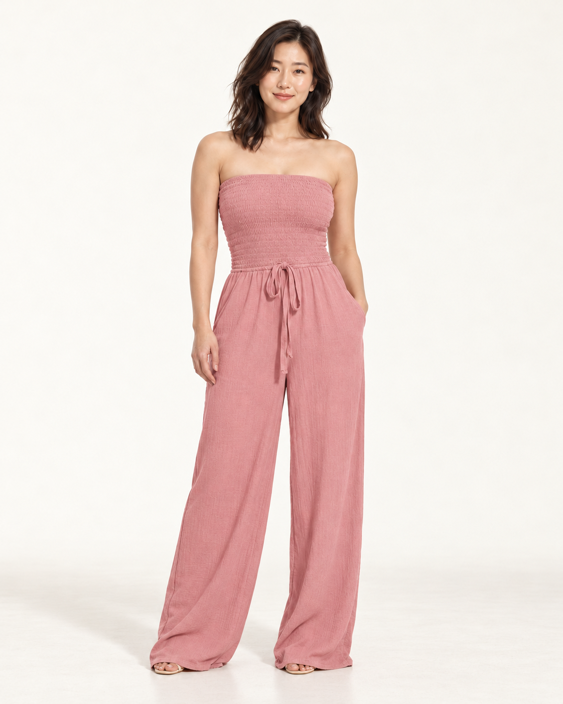Women's Wide-Leg Tie-Waist Jumpsuit, pink, front view