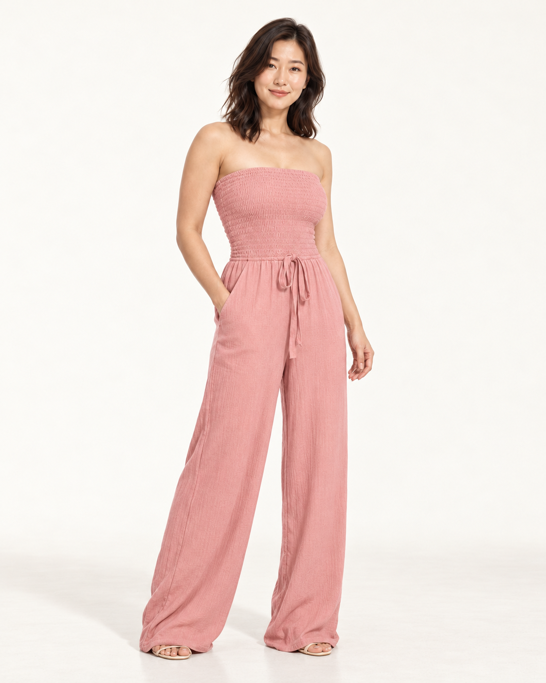 Women's Wide-Leg Tie-Waist Jumpsuit, pink, three quarter view