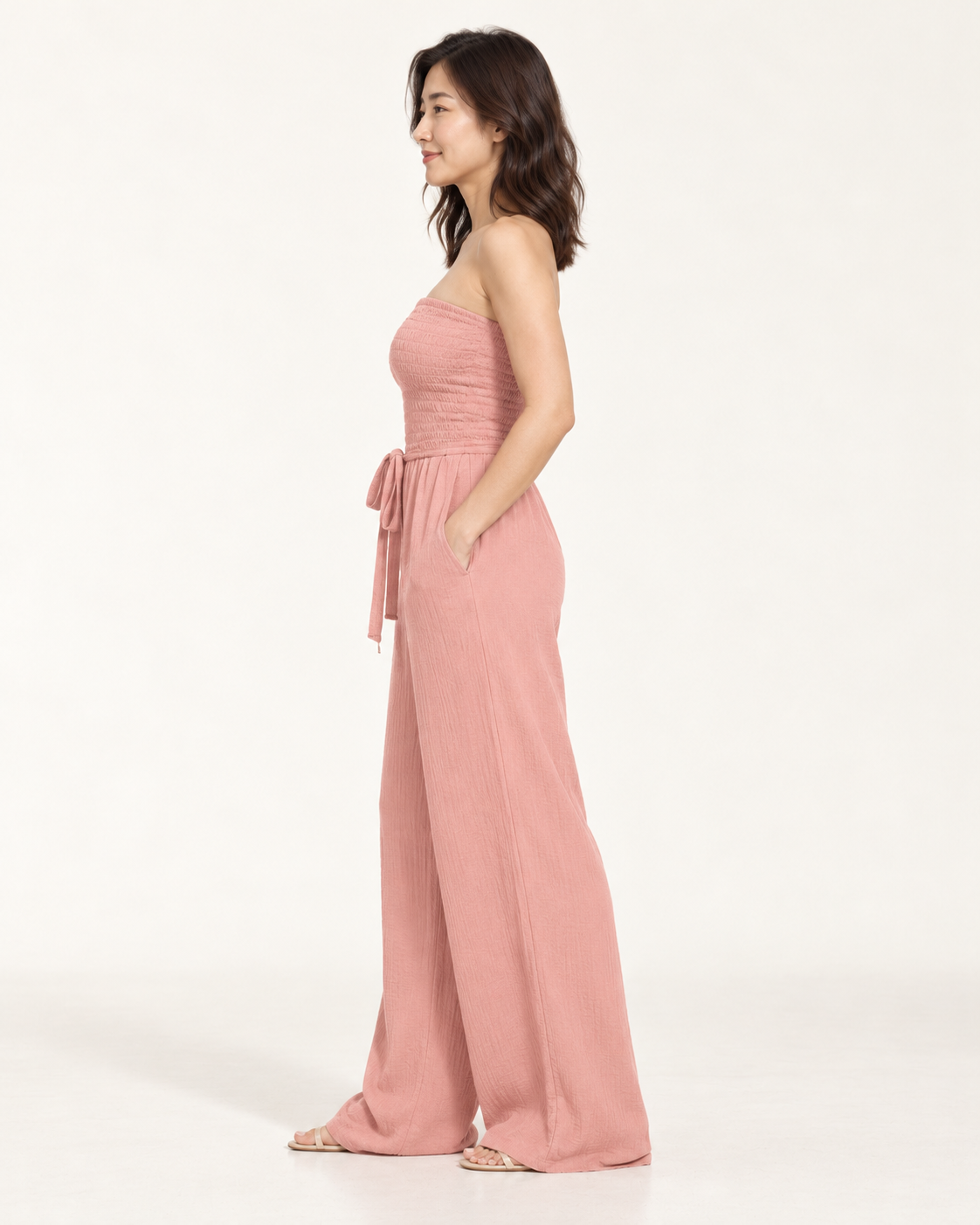 Women's Wide-Leg Tie-Waist Jumpsuit, pink, side view