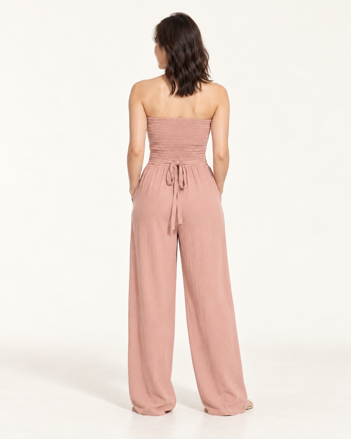 Women's Wide-Leg Tie-Waist Jumpsuit, pink, back view