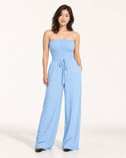 Women's Wide-Leg Tie-Waist Jumpsuit, sky blue, front view