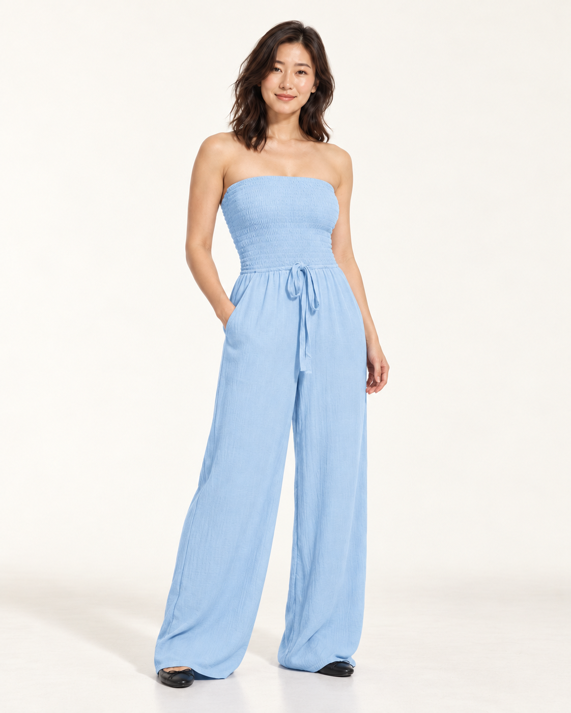 Women's Wide-Leg Tie-Waist Jumpsuit, sky blue, three quarter view