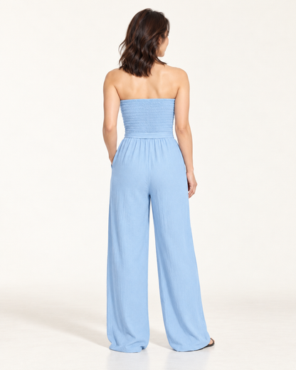 Women's Wide-Leg Tie-Waist Jumpsuit, sky blue, back view