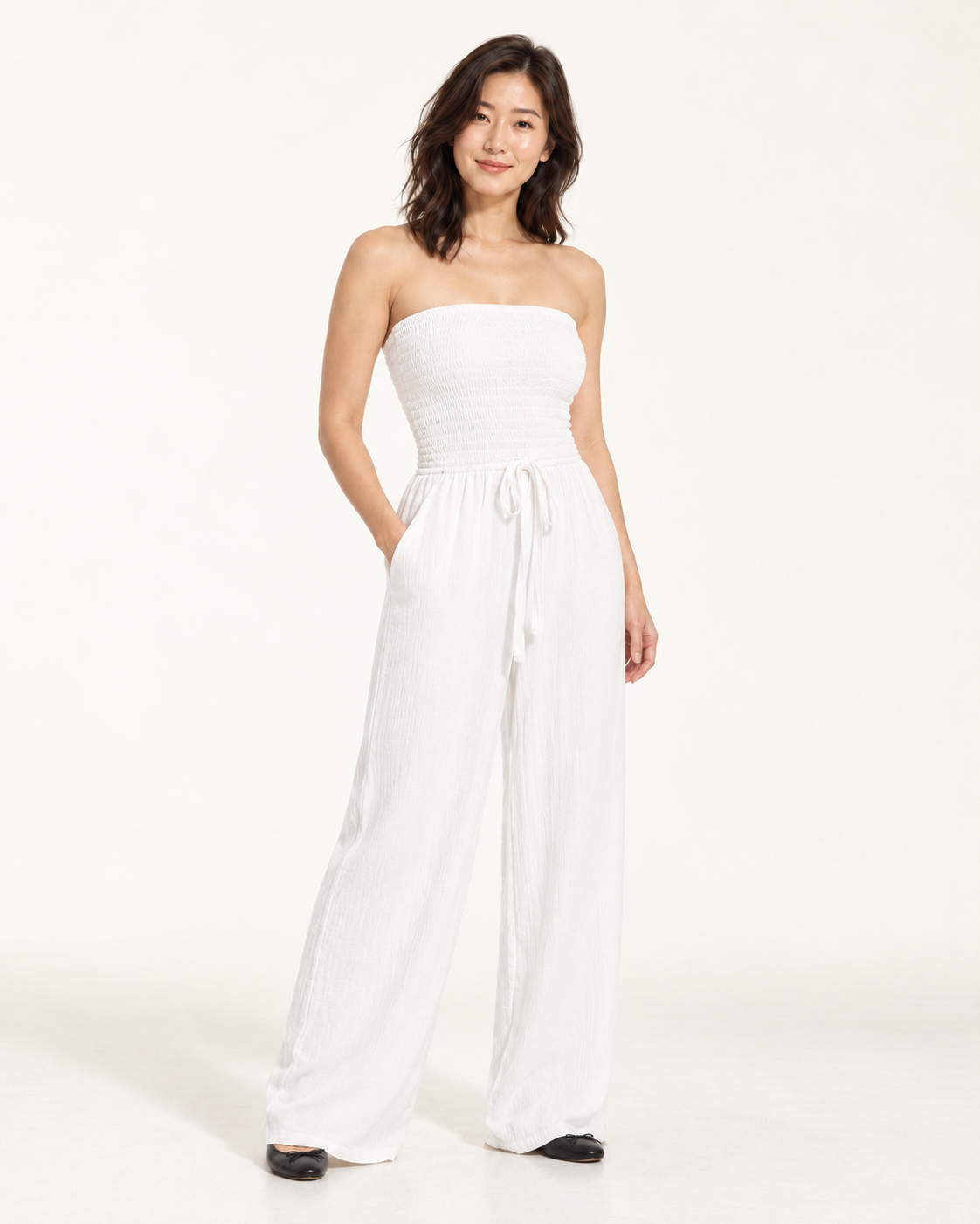 Women's Wide-Leg Tie-Waist Jumpsuit, white, three quarter view