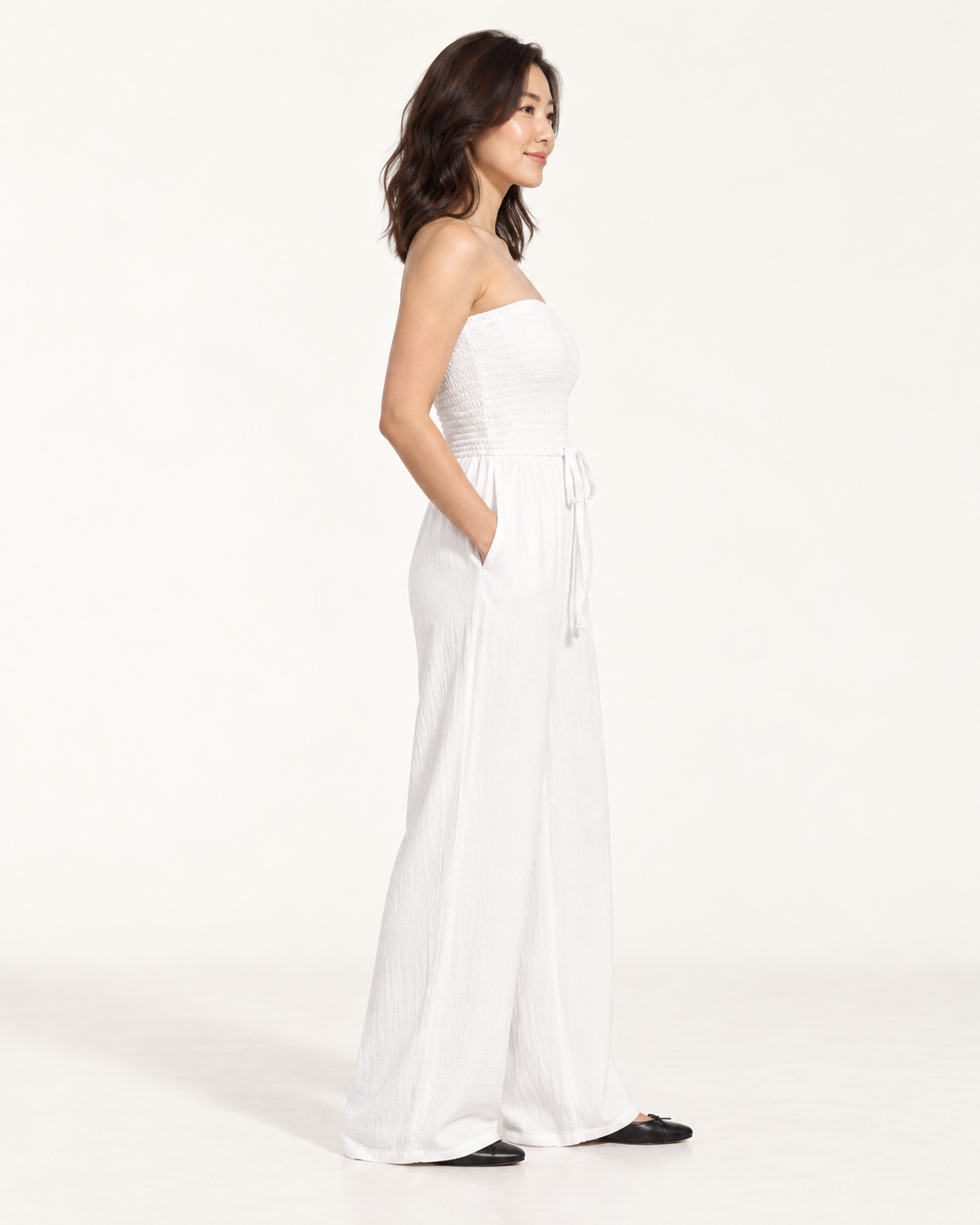 Women's Wide-Leg Tie-Waist Jumpsuit, white, side view