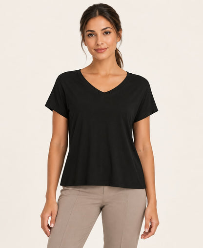 Women's V-Neck Back-Cutout T-Shirt, black, front hero
