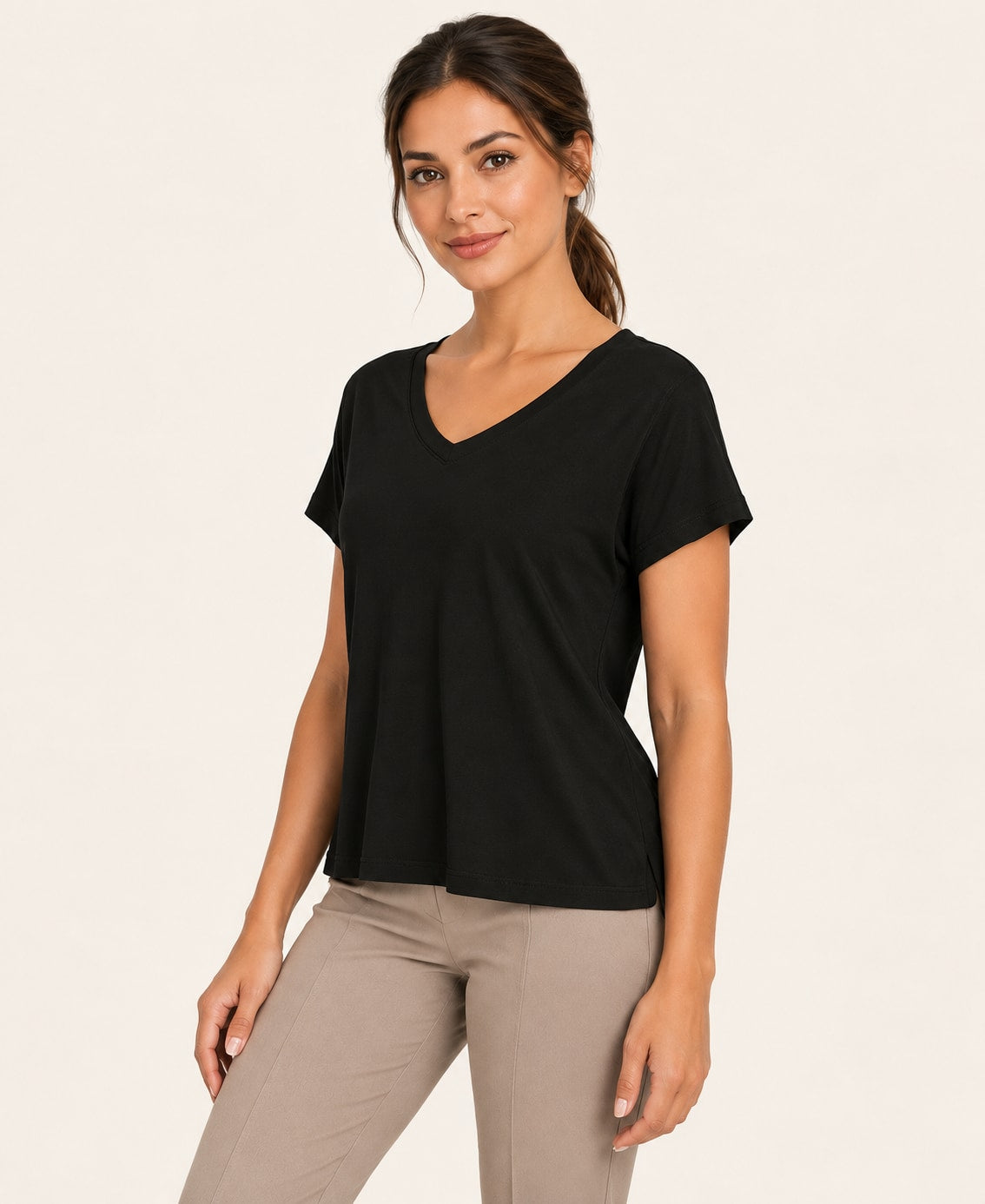 Women's V-Neck Back-Cutout T-Shirt, black, three quarter
