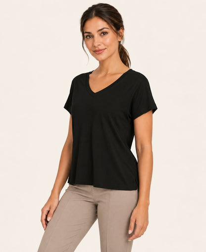 Women's V-Neck Back-Cutout T-Shirt, black, three quarter