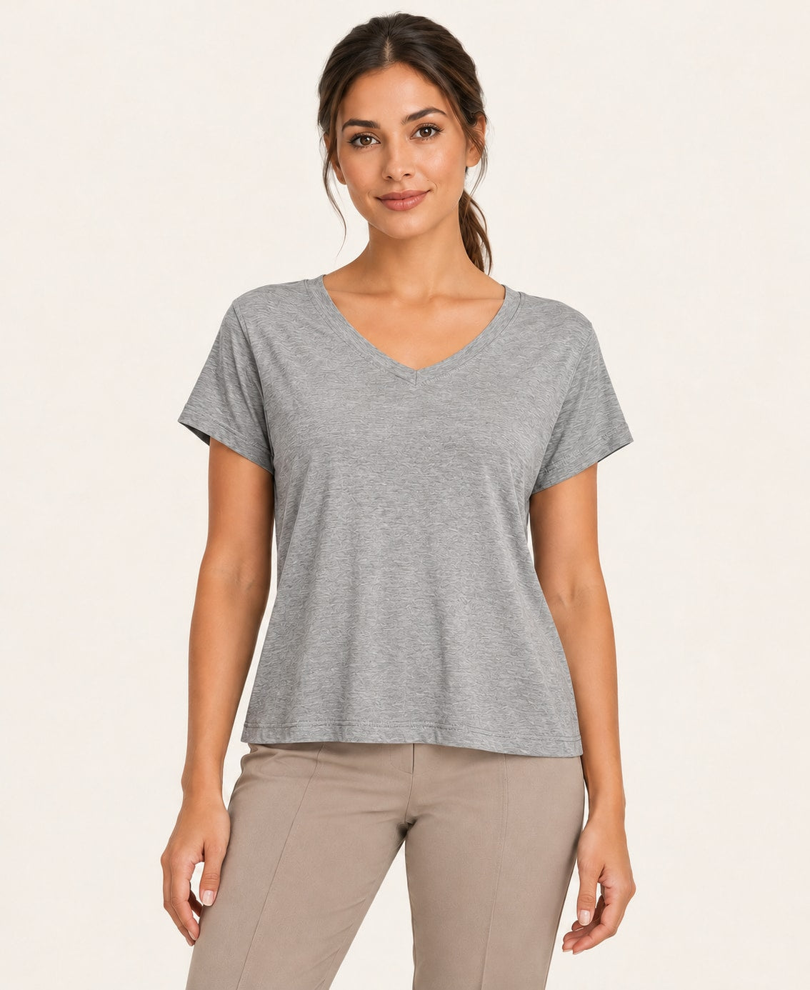 Women's V-Neck Back-Cutout T-Shirt, gray, front hero