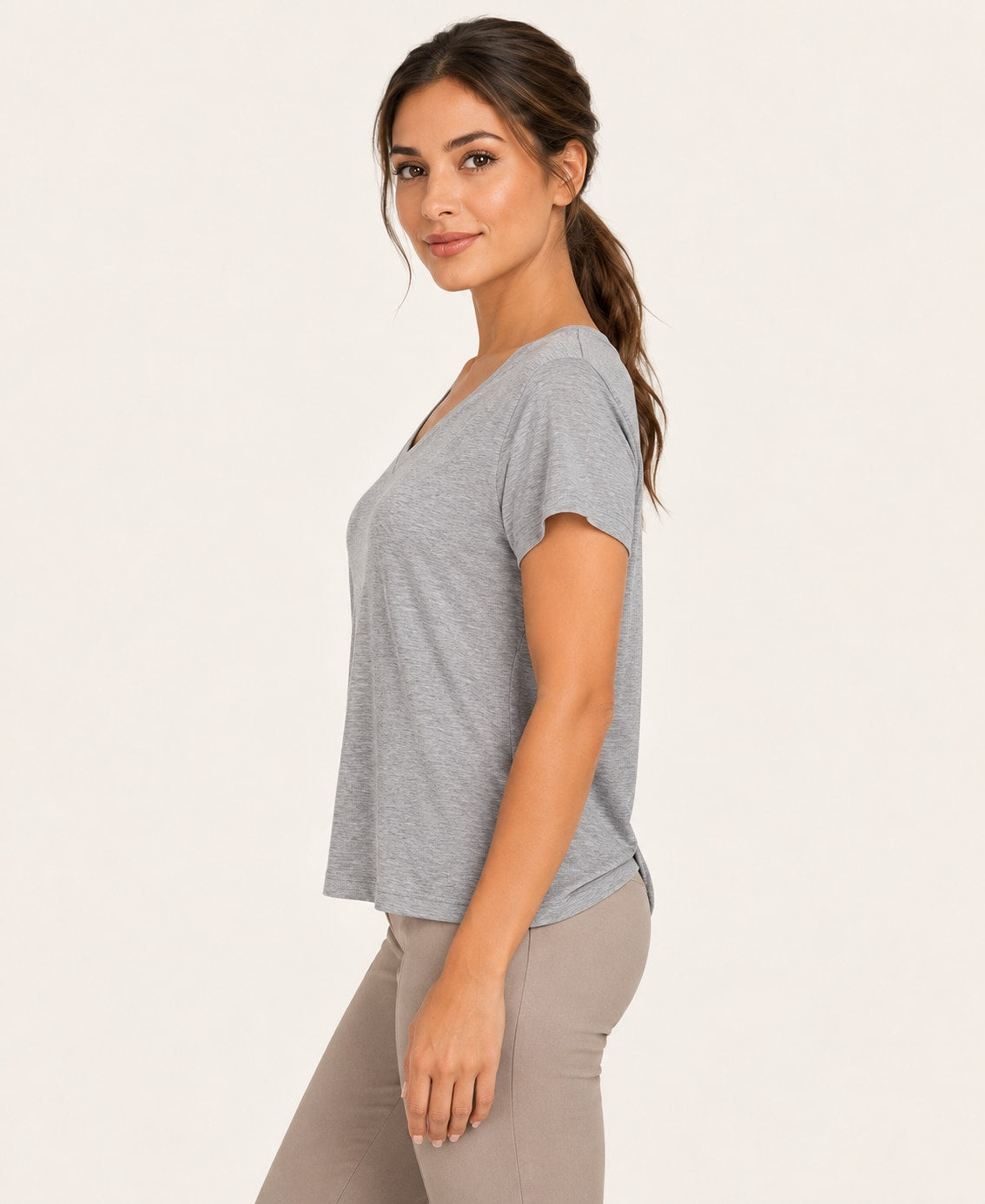 Women's V-Neck Back-Cutout T-Shirt, gray, side profile