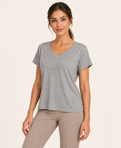 Women's V-Neck Back-Cutout T-Shirt, gray, three quarter