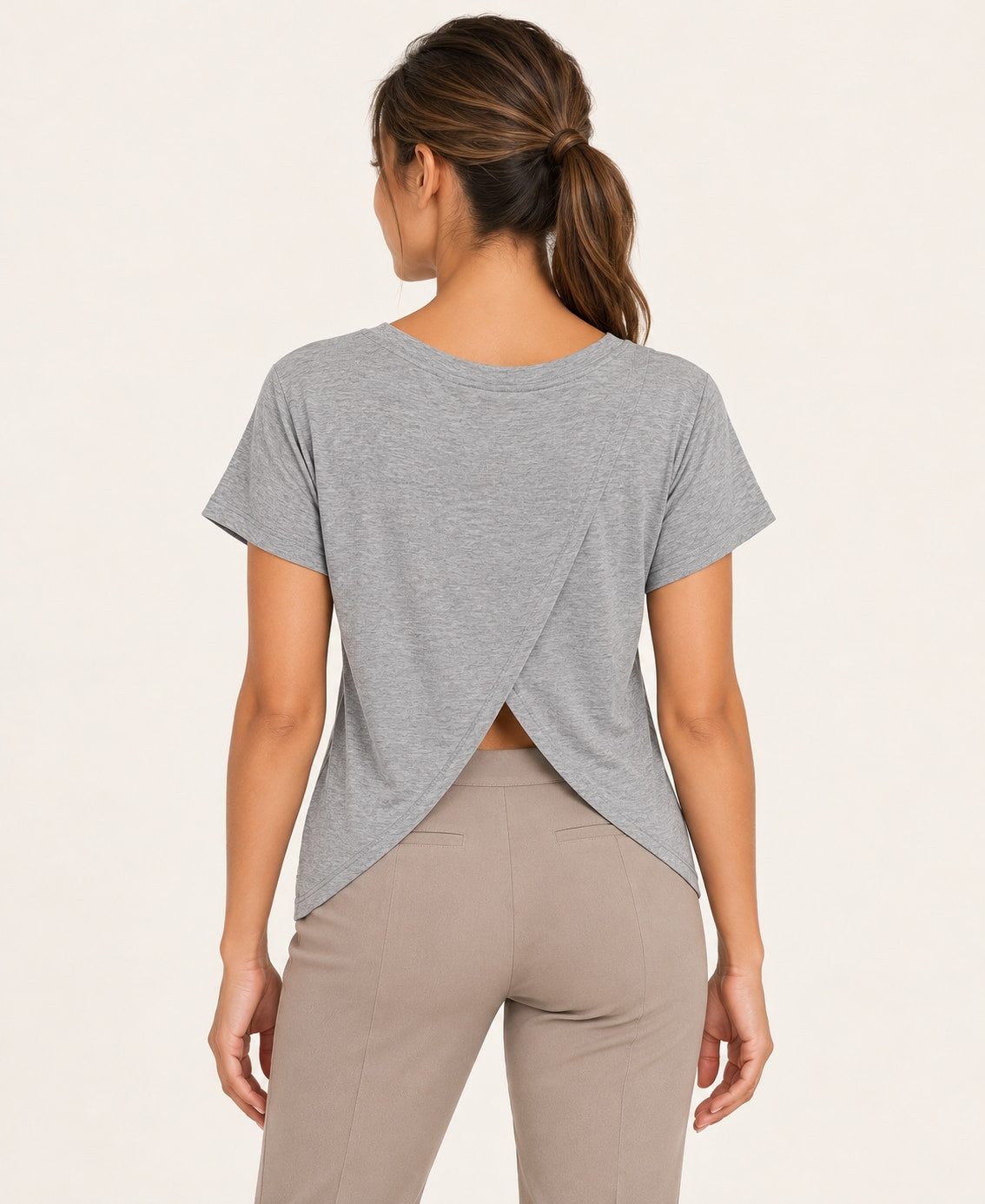 Women's V-Neck Back-Cutout T-Shirt, gray, back view