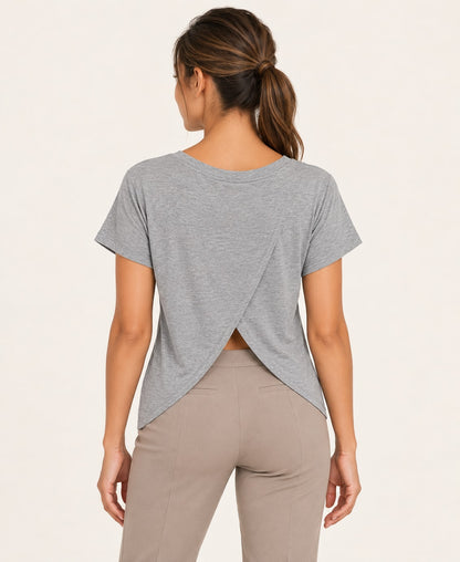 Women's V-Neck Back-Cutout T-Shirt, gray, back view