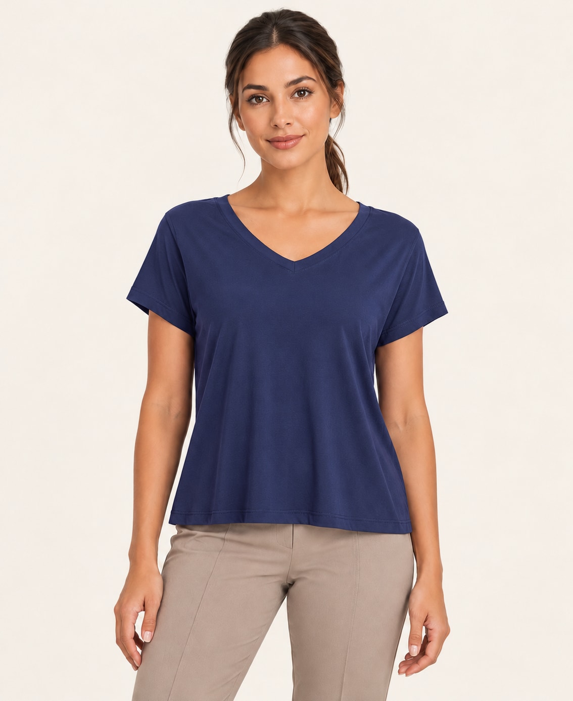 Women's V-Neck Back-Cutout T-Shirt, blue, side profile