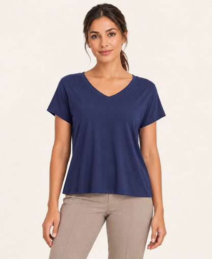 Women's V-Neck Back-Cutout T-Shirt, blue, side profile