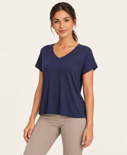 Women's V-Neck Back-Cutout T-Shirt, blue, three quarter