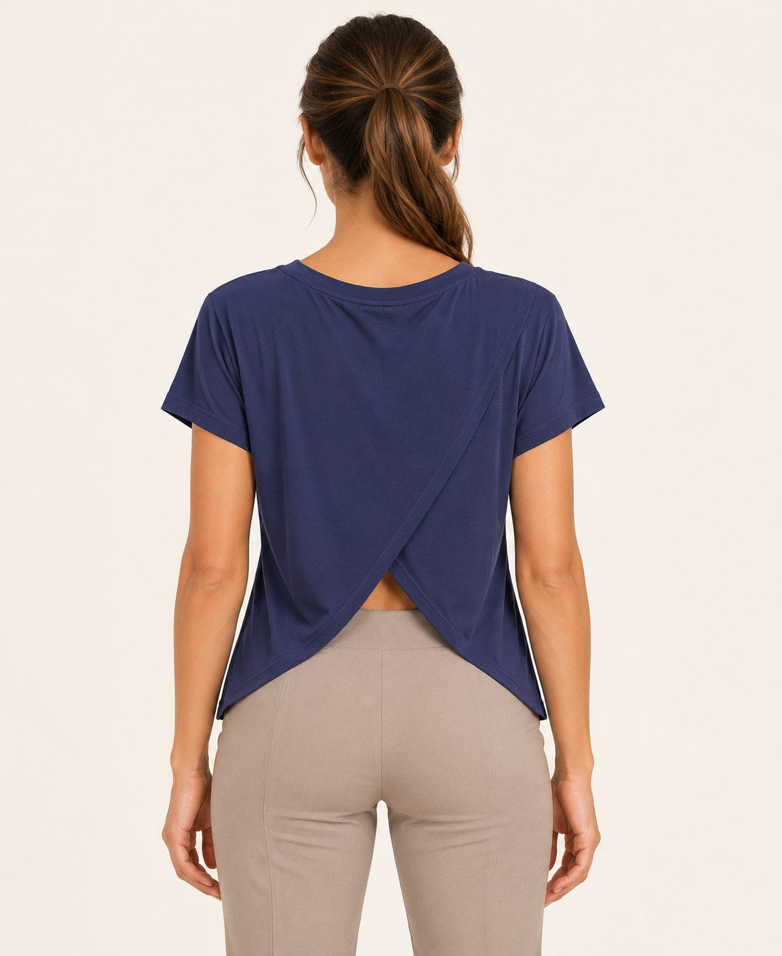 Women's V-Neck Back-Cutout T-Shirt, blue, back view