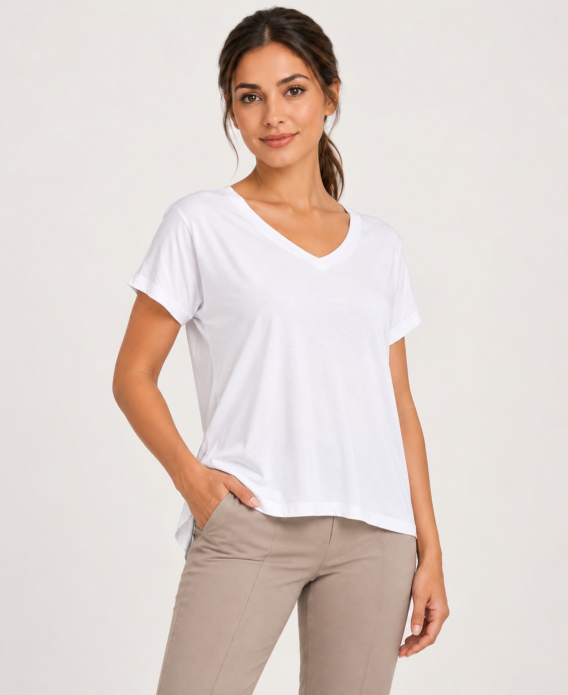 Women's V-Neck Back-Cutout T-Shirt, white, three quarter