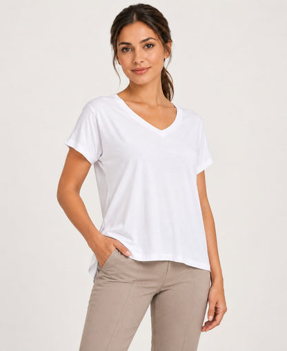 Women's V-Neck Back-Cutout T-Shirt, white, three quarter