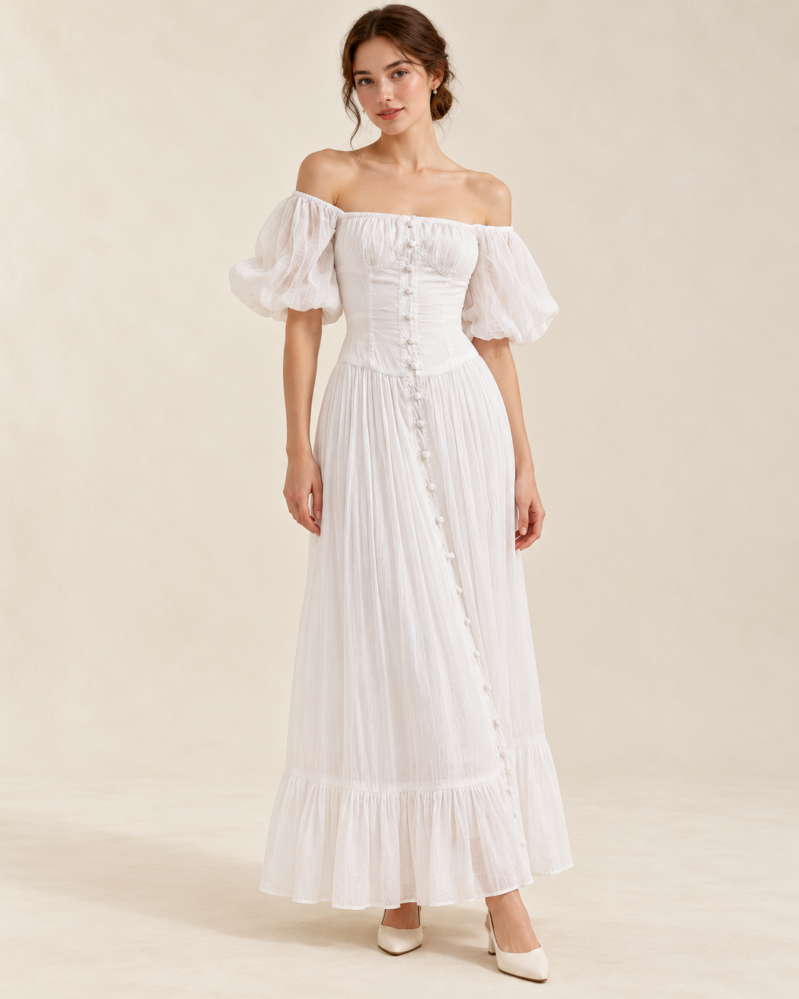 Women's White Square-Neck High-Waist Dress, front view