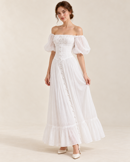 Women's White Square-Neck High-Waist Dress, three-quarter view