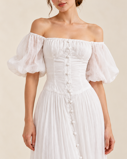 Women's White Square-Neck High-Waist Dress, detail view